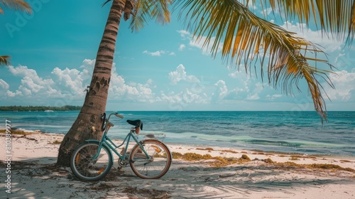 A bicycle with its tire against a palm tree on the beach, under a cloudy sky with water in the background, blending with nature AIG50