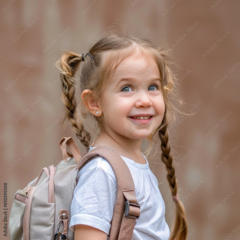 Fototapeta premium 3 year old girl with a backpack happy