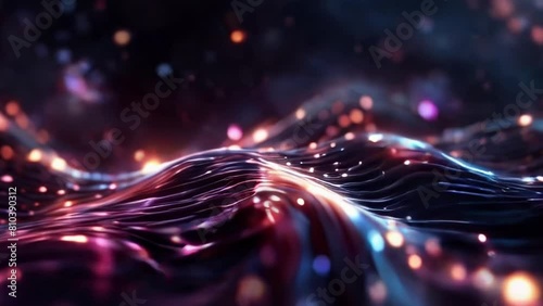An abstract artistic rendering of wavy shapes flowing through the video, similar to ocean waves, with rays of energy embedded in the waves while others float in the surrounding space photo
