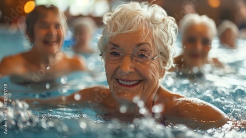 Seniors Enjoying Water Aerobics: Smiling Faces and Splashing Water Represent Fun and Fitness in the Swimming Pool © hisilly