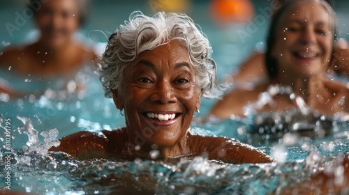 Seniors Enjoying Water Aerobics  Smiling Faces and Splashing Water Represent Fun and Fitness in the Swimming Pool