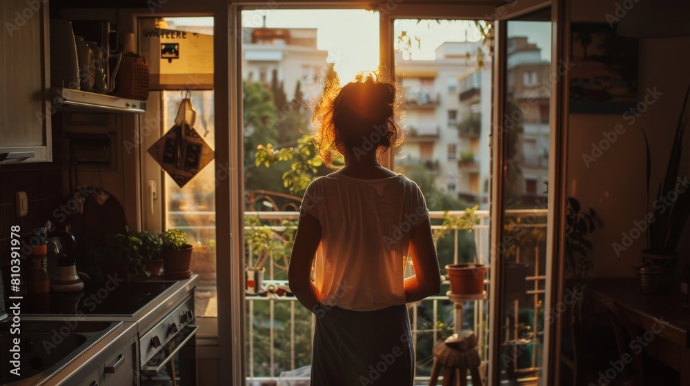 The woman steps back inside her apartment and closes the door behind her. She takes a few moments to collect her thoughts before heading to the kitchen to make breakfast. The woman steps back inside her apartment and closes the door behind her. She takes a few moments to collect her thoughts before heading to the kitchen to make breakfast.