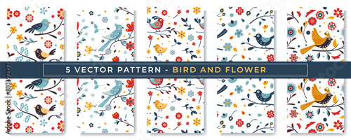 5 Cute seamless pattern with birds and flowers, colorful, suitable for cover patterns. 5 pack pattern.