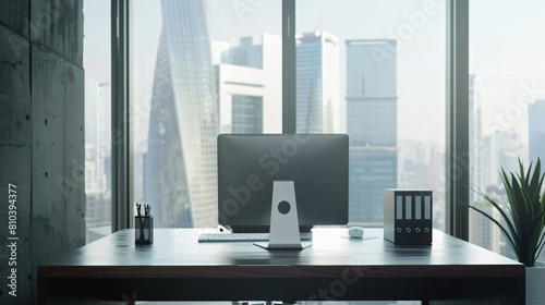  business interior with desk near window, pc computer and mock up wall with copy space