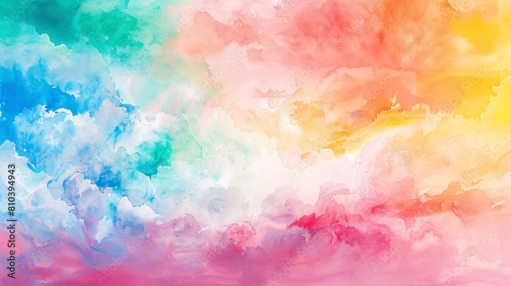 Colorful pastel background. Abstract watercolor sunset sky in bright pink, green, blue, yellow, and purple rainbow colors. 