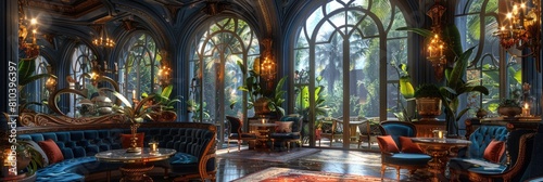 Decadent Art Nouveau salon with iridescent glass and velvet seating