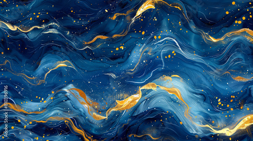 Magical ocean waves art painting. Unique blue and gold wavy swirls of magic water. Fairytale navy and yellow sea waves. kids nursery cartoon illustration  photo