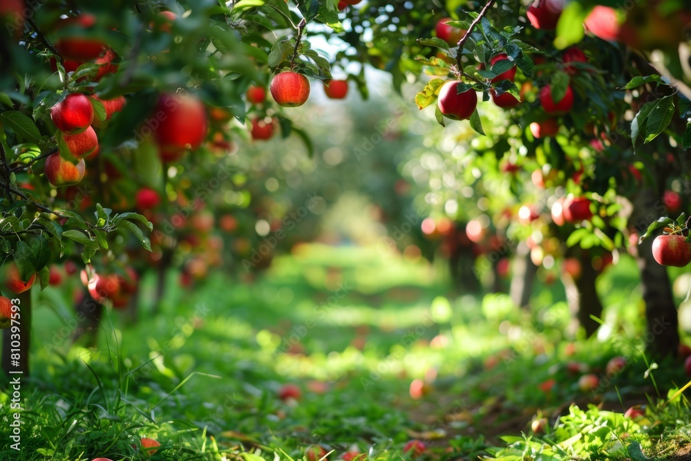 A scenic view of ripe red apples hanging from trees in a lush orchard bathed in sunlight, depicting a serene agricultural scene A scenic view of ripe red apples hanging from trees in a lush orchard bathed in sunlight, depicting a serene agricultural scene