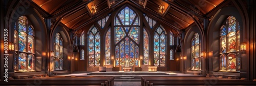 Gothic Revival chapel with carved wooden altar