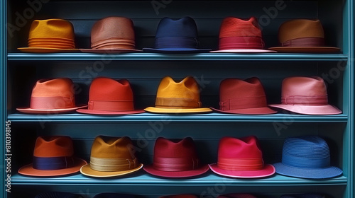 The vintage style hats in variety of colors display on a shelf