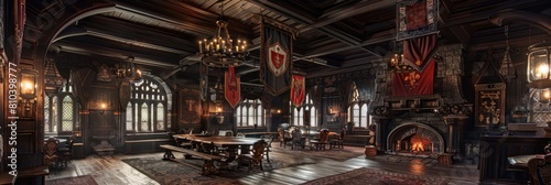 Magnificent Tudor hall with heraldic banners