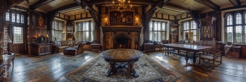 Magnificent Tudor hall with heraldic banners