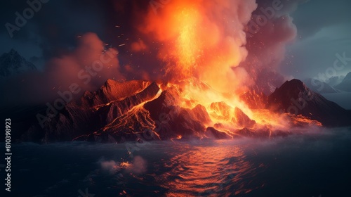 Dramatic volcanic eruption in a mountainous landscape © Balaraw