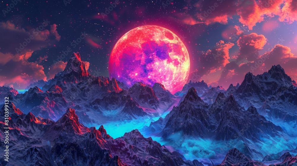 Vaporwave Vista: Neon Mountains under Cosmic Skies