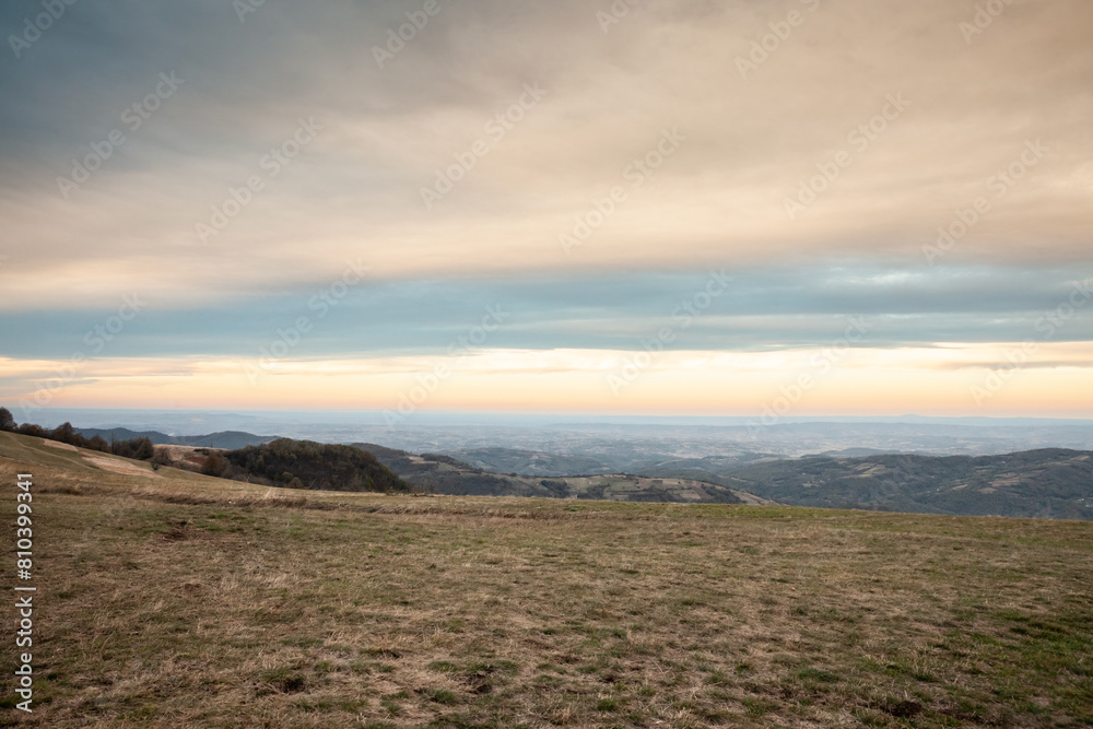 Panorama of the top and summit of Vrh Rajac moutain at dusk in autumn. Rajac is a mountain of Sumadija in Serbia, part of the dinaric alps, a major serbian natural touristic destination.