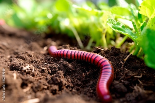 Close-up of a striped earthworm in the soil