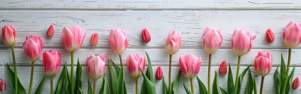 Springtime Pink Tulips on Rustic White Boards for Mother's Day or Easter Holiday Concept Springtime Pink Tulips on Rustic White Boards for Mother's Day or Easter Holiday Concept