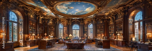 Opulent Beaux-Arts library with celestial ceiling murals