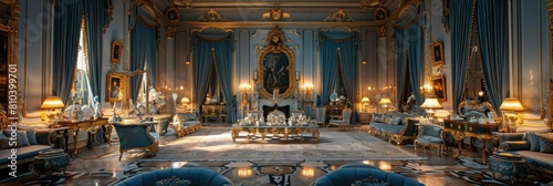 Opulent Gilded Age drawing room with sky blue and silver decor photo
