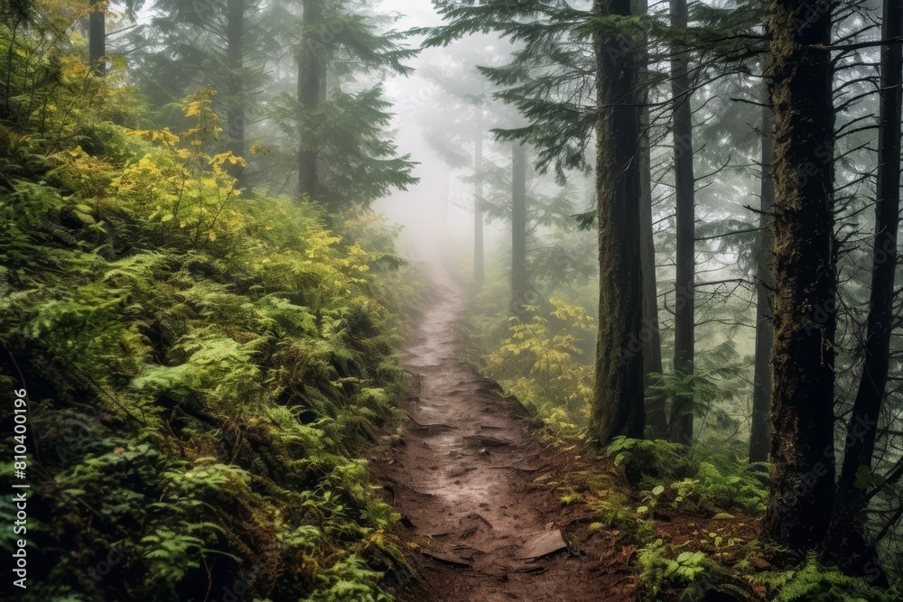 Obraz premium Misty forest path through lush green foliage