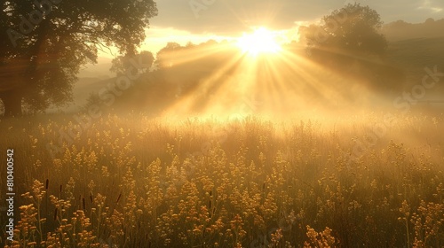 Sunlight bursting through the trees illuminates a misty meadow filled with golden wildflowers during an early morning