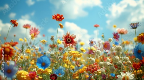 A breathtaking view of a vibrant collection of various flowers blooming under a clear sky flecked with white clouds  showcasing nature s colorful palette
