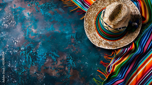 top view flat lay sombrero wide brimmed hat on sarape colorful shawl with copy space for Cinco de Mayo background. photo