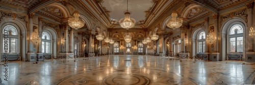 Victorian ballroom with ornate ceilings and crystal chandeliers photo