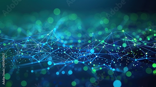 An abstract network of blue and green dots connected by neon lines on a dark teal canvas creating a calming yet intricate plexus effect with ample space for text along the bottom