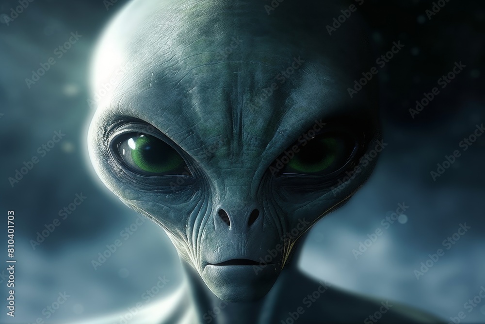 Mysterious alien face with glowing green eyes Mysterious alien face with glowing green eyes