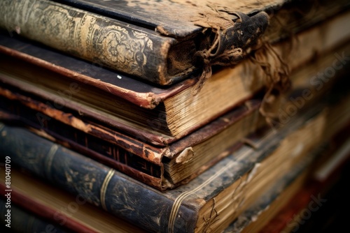 Antique books with ornate covers stacked on a wooden surface