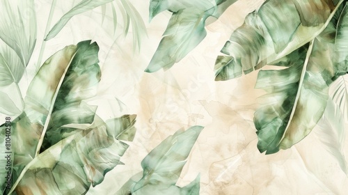 Wallpaper Mural Watercolor illustration of large banana leaves, soft green and beige tones, beige background, high resolution, intricate details. Torontodigital.ca