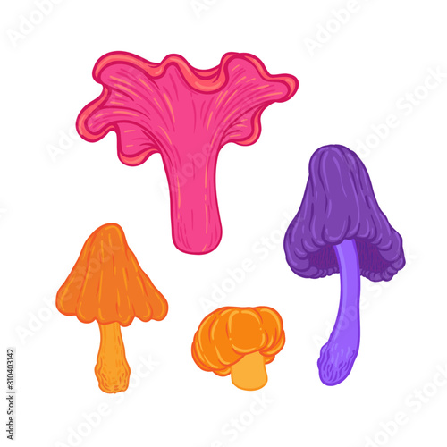 Magic mushrooms. Psychedelic hallucination. Vibrant vector illustration. 60s hippie colorful art. Vintage psychedelic textile, fabric, wrapping, wallpaper.