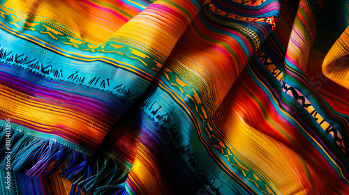 Traditional woven Mexican blanket with colorful vertical striped pattern, sarape shawl for Cinco de Mayo background.