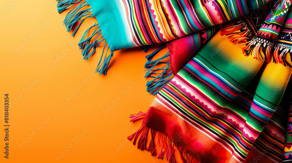 sarape colorful shawl on yellow background with copy space for Cinco de Mayo, Mexican culture and tradition. sarape colorful shawl on yellow background with copy space for Cinco de Mayo, Mexican culture and tradition.