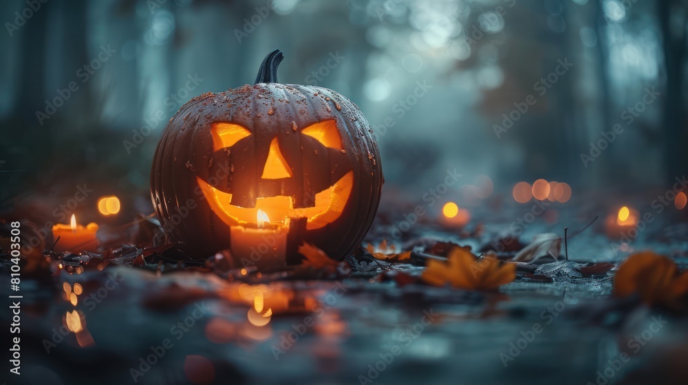 Mystical Halloween Pumpkin with Candles in the Misty Night Mystical Halloween Pumpkin with Candles in the Misty Night
