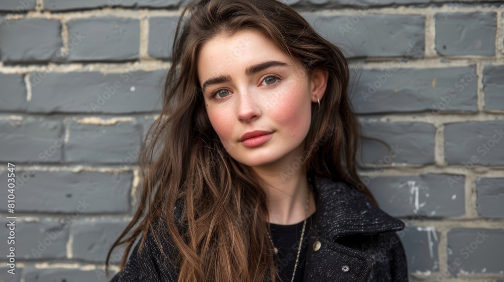 Portrait of a young woman with flowing hair and a subtle smile standing before a weathered brick wall, exuding a natural and relaxed demeanor Portrait of a young woman with flowing hair and a subtle smile standing before a weathered brick wall, exuding a natural and relaxed demeanor