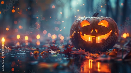 Mystical Halloween Pumpkin with Candles in the Misty Night photo