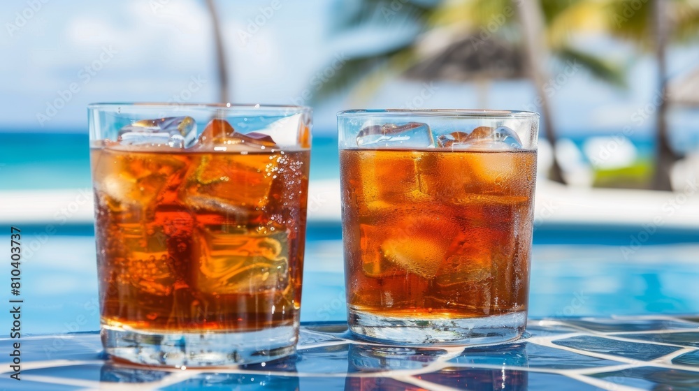 Two glasses of iced tea with a stunning backdrop of a bright blue pool and a clear sky, epitomizing a perfect vacation moment Two glasses of iced tea with a stunning backdrop of a bright blue pool and a clear sky, epitomizing a perfect vacation moment