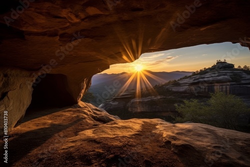 Stunning sunset view from a rocky cave