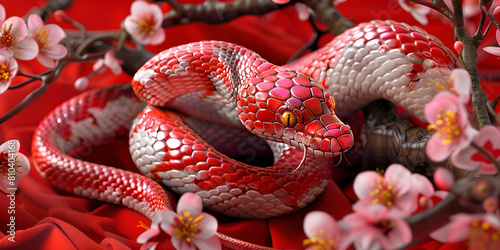  A striking red snake adorned with a delicate flower on its head