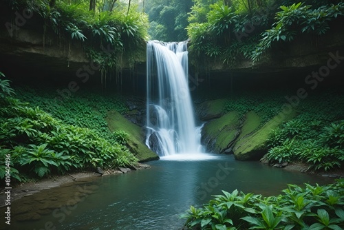 Flowing waterfalls surrounded by lush greenery.