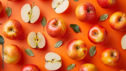 Vivid close-up view of apple slices and whole apples set in a playful pattern  shot from above  bright orange background for contrast
