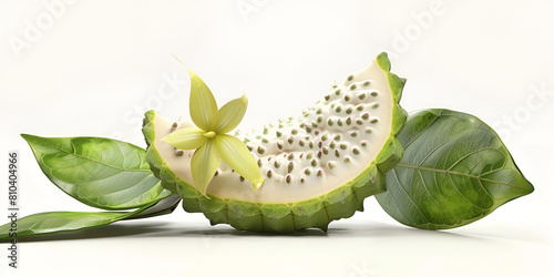Closeup image of a green soursop fruit cut in half showing its white  background photo