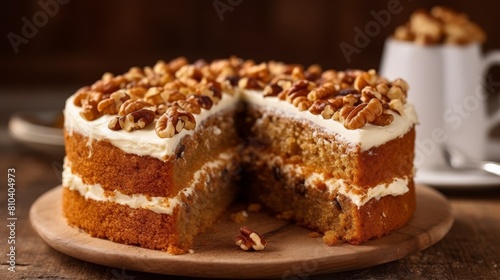 delicious homemade carrot cake with cream cheese frosting and pecans