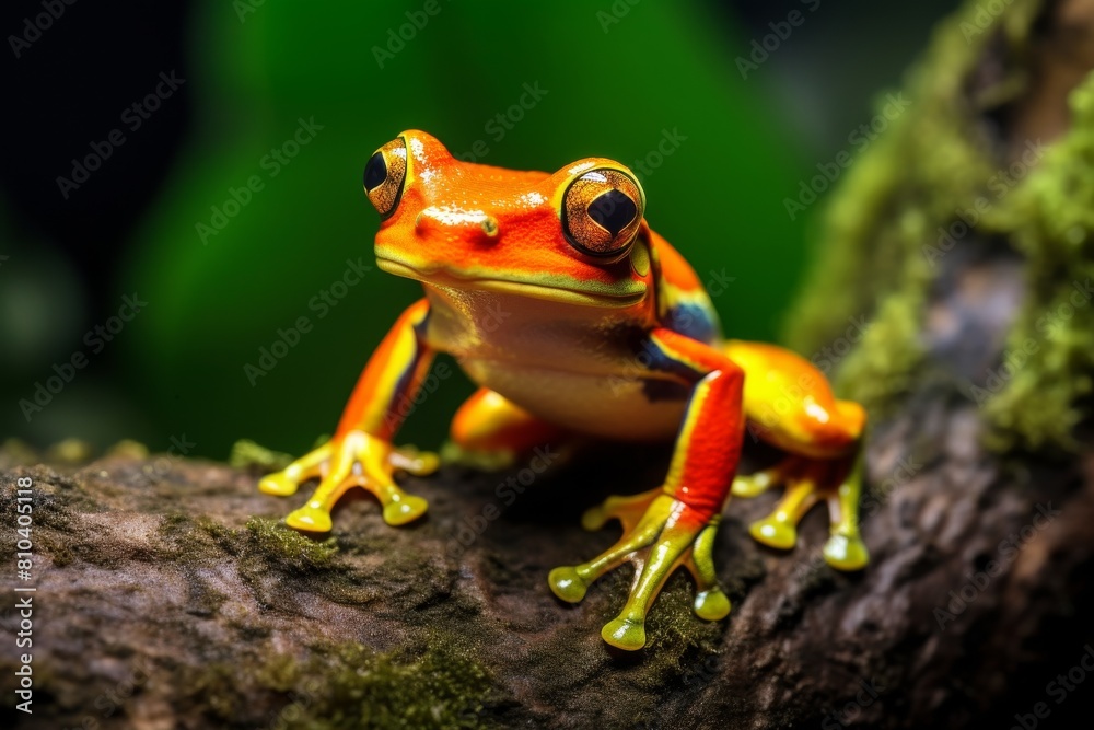 Fototapeta premium Vibrant red-eyed tree frog on moss-covered log