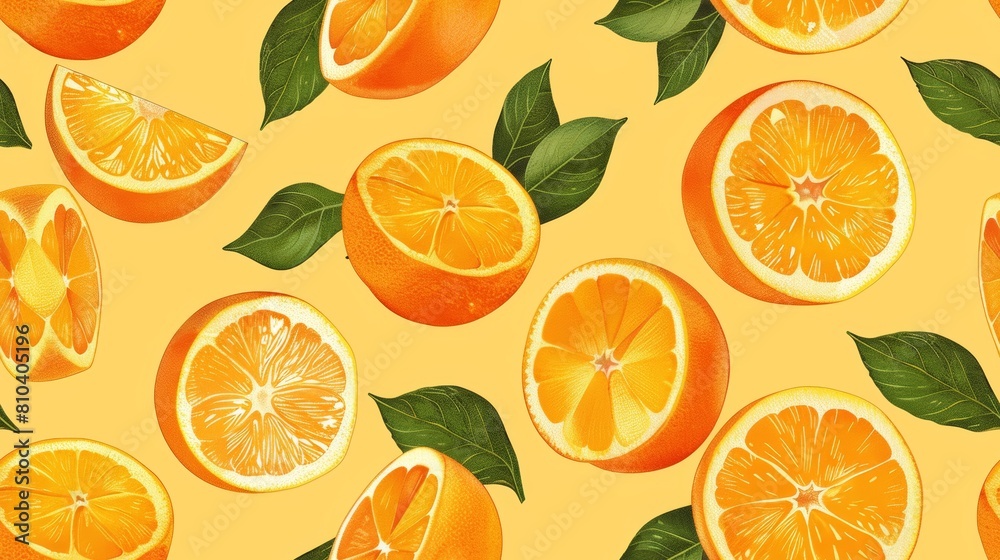 Vibrant orange slices and whole oranges, arranged in a fun repeating tile pattern, set against a bright yellow pastel background