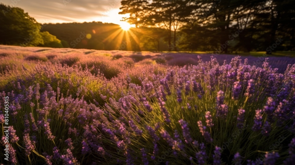 Fototapeta premium Vibrant lavender field at sunset