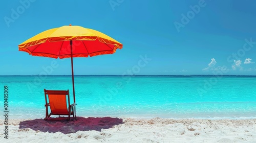 A vivid red beach umbrella and matching chair placed on a pristine sandy beach overlooking a clear turquoise ocean under a bright blue sky