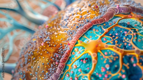 Vibrant, high-resolution illustration of a human liver, showcasing microscopic structures like sinusoids and bile canaliculi, cutaway view photo